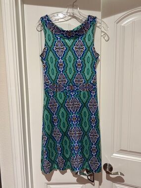 Tory Burch Silk Sleeveless Blue & Teal Patterned Shift Dress